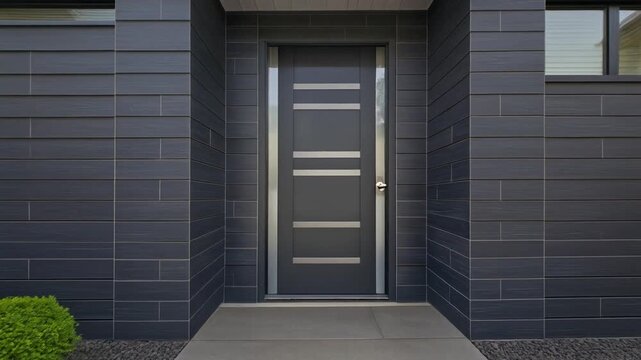 Contemporary exterior of home with dark ceramic tiles as siding of house and tall front door.