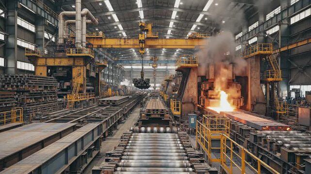 Inside a large industrial steel mill with molten metal and heavy machinery in operation