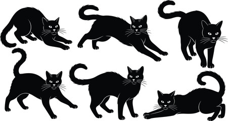 Black silhouette vector illustration of five cats in dynamic poses, crouching, stretching, walking, arched back, expressive feline design © MdBalal