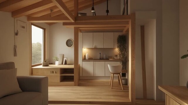 Cozy modern interior of a small house featuring a loft, minimalist decor, and warm lighting,.
