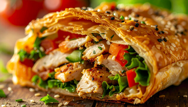 Chicken wrap cut in half, juicy chicken and crisp fresh vegetables inside, flaky golden pastry, sesame seeds