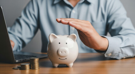 Person protecting a piggy bank with a hand, coins on table