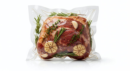 Transparent Vacuum Sealed Roast Lamb with Herbs Isolated on White