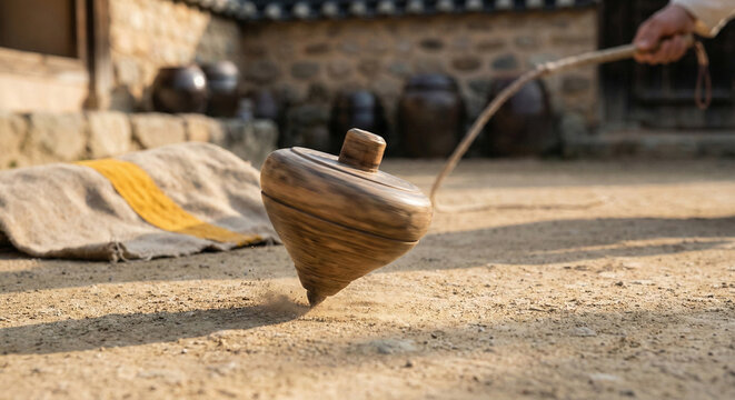 Wooden spinning top in motion during traditional Korean courtyard game