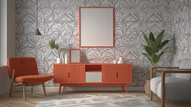 Minimalistic Modern Living Room Mock-Up with Bright Picture Frame and Concept Wallpaper