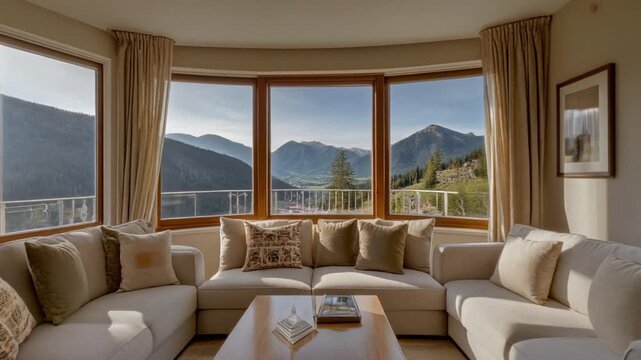 Salon avec grande baie vitr&eacute;e offrant une large vue sur la montagne environnante 