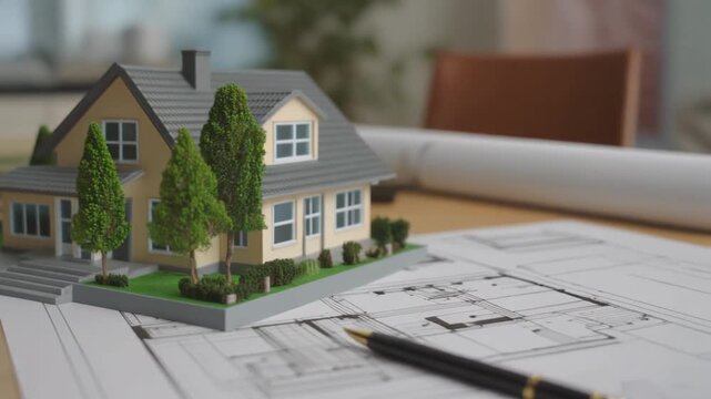 La photo montre une maquette de maison avec des arbres miniatures, pos&eacute;e sur un bureau