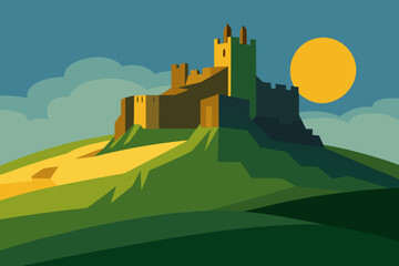 Obraz premium A majestic castle on a green hill under a bright sun