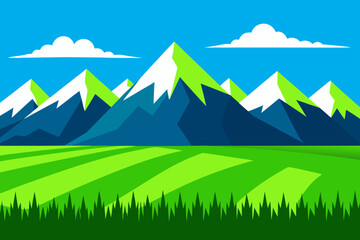 Obraz premium Serene mountain landscape with green field and blue sky