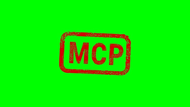 Official MCP rubber stamp animation representing Model Context Protocol, AI integration, and technical data standards. Chroma key green screen with alpha channel. 