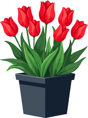 Red tulips in pot with green companion plants and decorative foliage arrangement