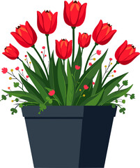 Red tulips in pot with green companion plants and decorative foliage arrangement
