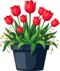 Red tulips in pot with green companion plants and decorative foliage arrangement
