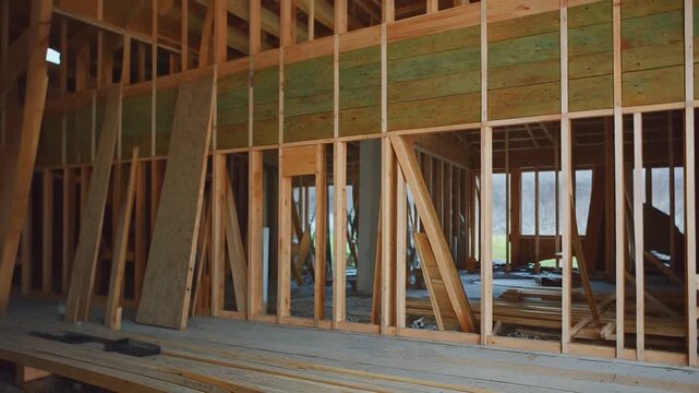 L'int&eacute;rieur d'une charpente de maison en bois en construction.