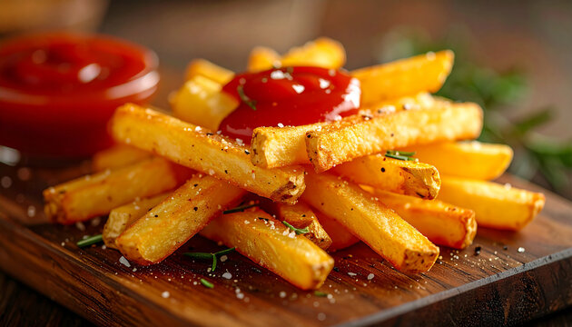 Golden French fries stacked on wooden board, ketchup drizzled, rosemary sprinkled. Tasty food