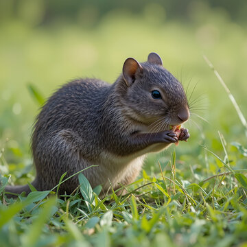 Central American agouti (Dasyprocta punctata) feeding in a  grassland with a summer fluff.  Yucatan, Mexico.