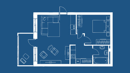 Technical Architectural Blueprint of a Modern Studio Apartment Featuring White Hand Drawn Line Art Floor Plan With Living Area and Balcony on a Blue Background © rofikgraph24