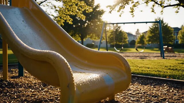 Close-up of a yellow playground slide with dew drops glistening in the morning sun
