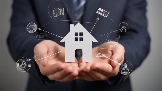 A conceptual background on home protection insurance, featuring hands holding a paper house