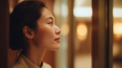 Close-up portrait of a young woman's face. she is looking off to the side with a thoughtful expression on her face. her hair is pulled back in a low bun and she is wearing a beige blouse.