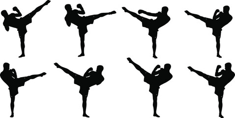 Martial arts high kick silhouettes set isolated on white background, dynamic karate taekwondo action collection for fitness training, sport design © Forit