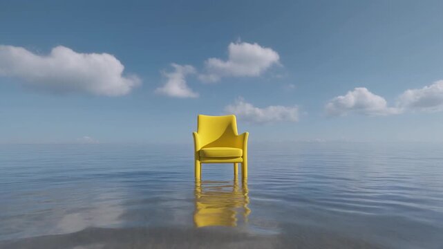 Bright yellow chair standing in shallow water under a blue sky with clouds.