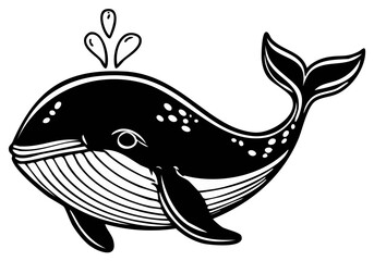 Fototapeta premium Stylized black and white whale spouting water with a friendly cartoon design and bold lines