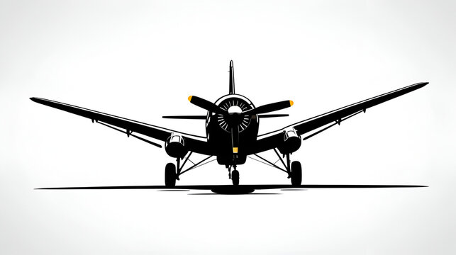 Black silhouette of a monoplane on clean white background, aviation art