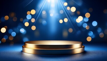 elegant gold podium illuminated by spotlights against a deep blue bokeh background