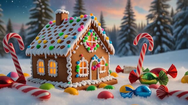 &ldquo;Decorated gingerbread house in snowy landscape with pine trees and sunset sky.&rdquo;