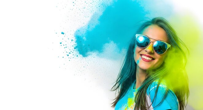 Vibrant Holi festival portrait of a woman with pink sunglasses and multicolored powder smoke