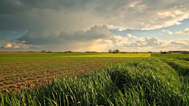 Vast agricultural fields under dramatic stormy skies with golden sunlight breaking through