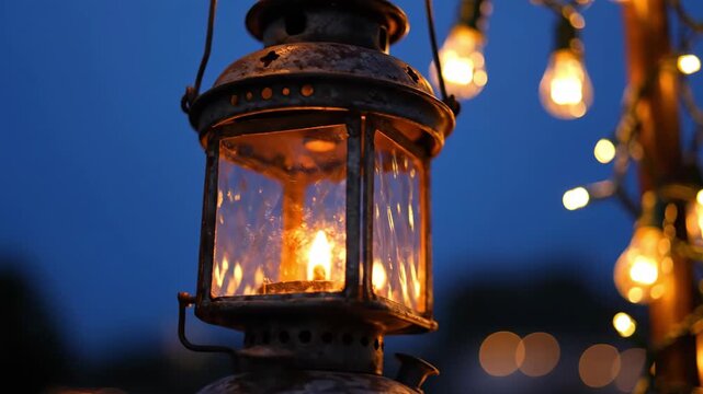Close-up of a vintage lantern glowing warmly at dusk, with string lights in the background creating a festive atmosphere.
