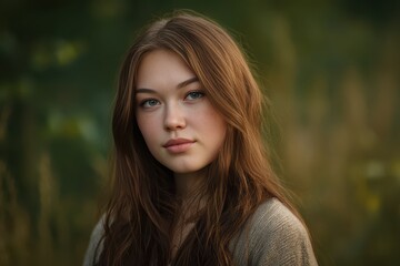 Naklejka premium Young woman looking at camera, outdoor nature setting, soft natural lighting, serene expression, portrait