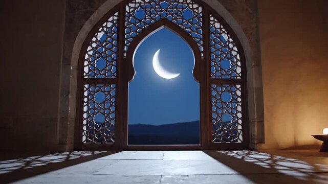Interior View of Islamic Arch Window Overlooking Night Sky and Moon