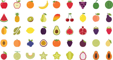Vibrant fruit collection with various colorful illustrations
