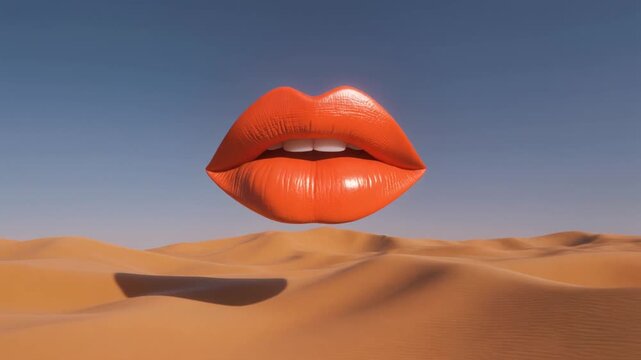 Bold, oversized lips in a vivid orange hue float against a surreal desert backdrop, 