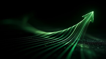 Stylized luminous green arrow made of flowing energy lines ascends from dark grid symbolizing growth and advancement. Represents upward trends in technology innovation, and financial markets data 
