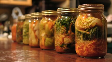 Colorful assortment of homemade fermented vegetables in glass jars lined up on a wooden table, showcasing healthy eating and culinary tradition in a cozy kitchen