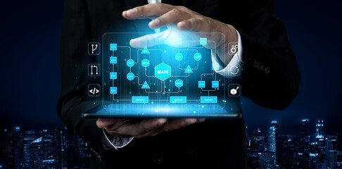 Businessman in Suit Demonstrates Advanced Technology Interface with Digital Connectivity and Data...