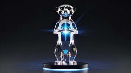 A sleek crystal meerkat figure holds a glowing blue light on a modern pedestal.