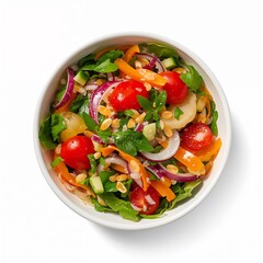 A vibrant and fresh salad in a bowl, showcasing an array of colorful vegetables and a balanced combination of ingredients.