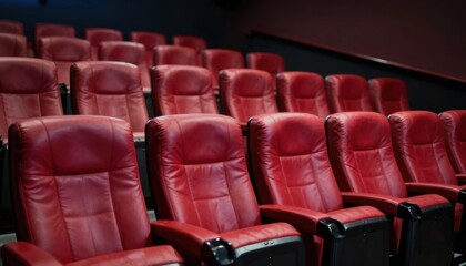 Fototapeta premium Watching a movie in comfortable red seats cinema hall digital content indoor wide-angle entertainment experience