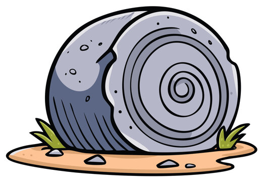 Cartoon Style Rolling Stone or Rock with Swirls on Sandy Ground and Green Grass