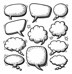 Hand drawn comic style speech and thought bubbles set featuring various shapes with sketch shading for communication design