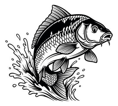 Hand drawn line art illustration of a carp fish depicting it jumping out of water with splashes for fishing sport