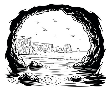 Hand drawn line art illustration of a sea cave entrance depicting a serene ocean view with towering cliffs and flying seagulls for travel and nature themes