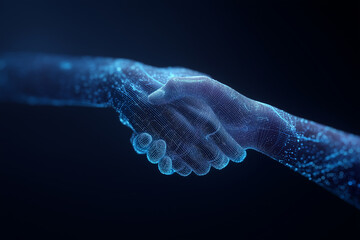 Digital 3D wireframe handshake made of blue glowing particles on a dark background. Concept of virtual partnership, artificial intelligence, cyber security, and global connectivity.