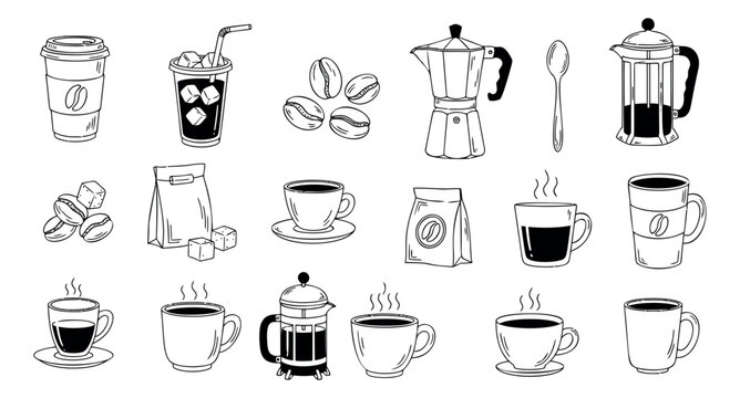 Hand drawn line art coffee icons set featuring various coffee cups, pots, and beans for cafes, menus, or breakfast designs