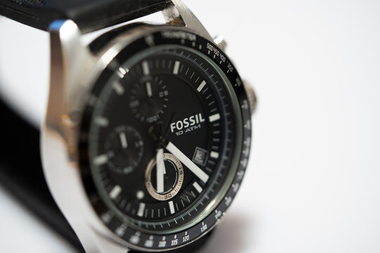 Bucharest Romania 13 February 2026. Stylish Fossil men&rsquo;s wristwatch displayed on a  white background . Elegant timepiece product photo highlighting luxury, sophistication design.